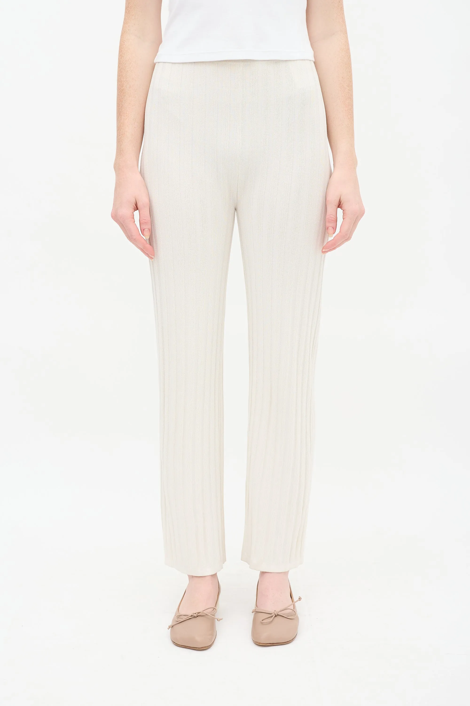 Cream Ribbed Knit Straight Leg Lounge Pant