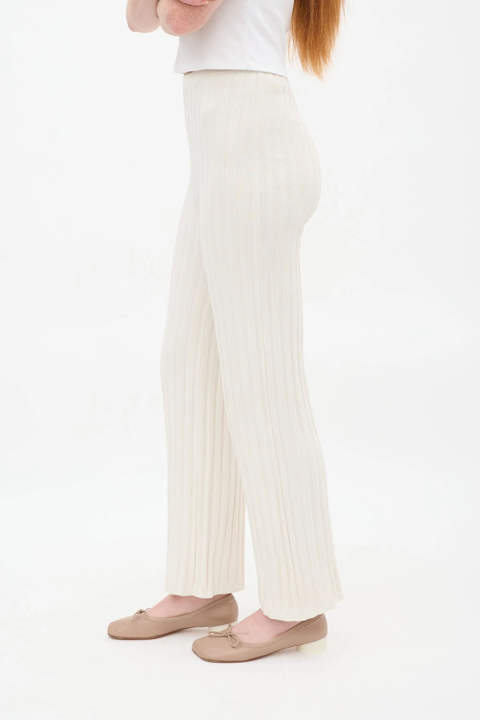 Cream Ribbed Knit Straight Leg Lounge Pant