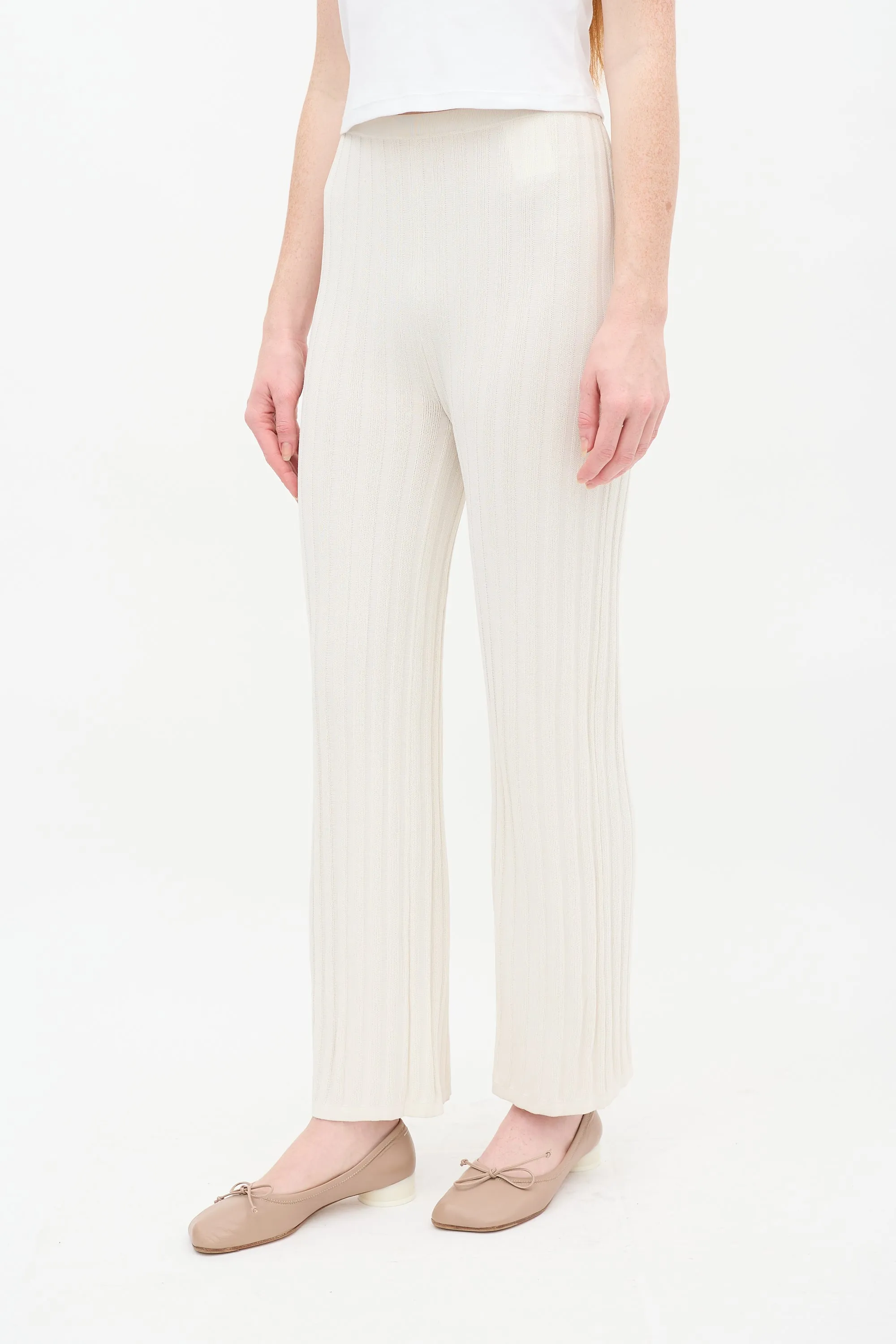 Cream Ribbed Knit Straight Leg Lounge Pant