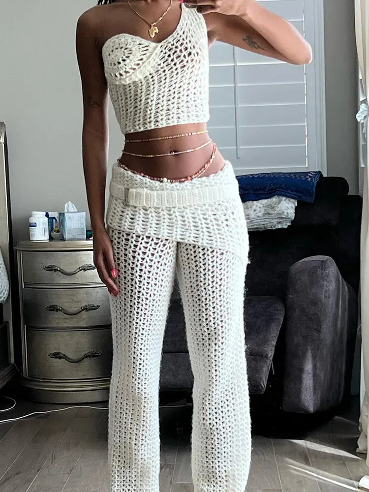 Crochet Irregular Women 2 Piece Set Tank Tops Belt Skirt Pants*