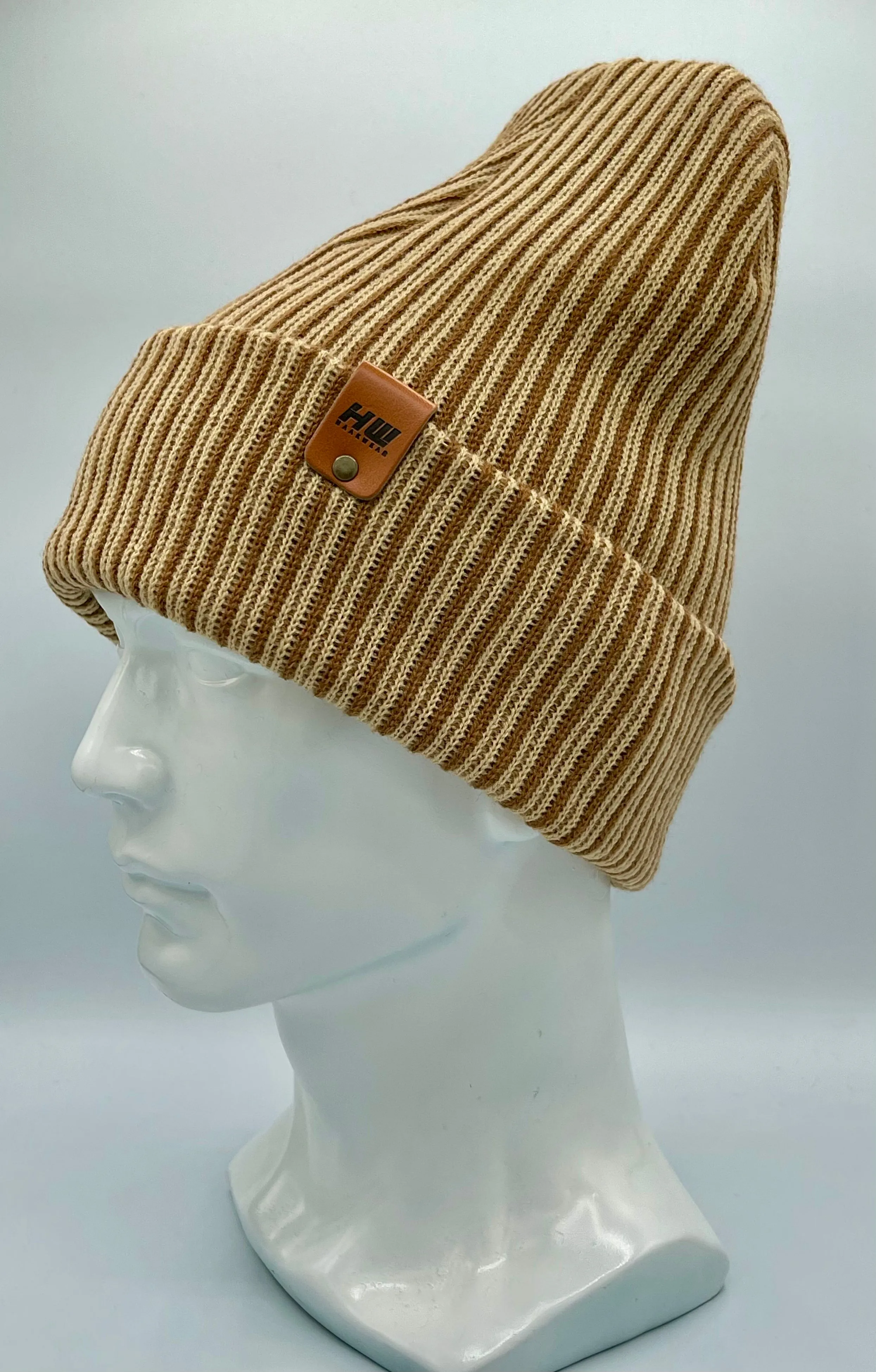 CTD504 HAAKWEAR Cuffed Wide Ribbed Striped Beanie / Hat, Limited Edition, Brown/Beige, Made in USA