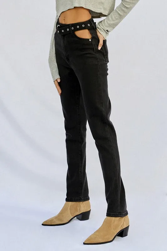 Cut Out Front Pocket Straight Jeans -online exclusive