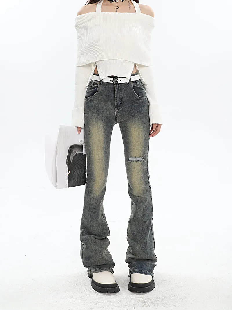 Dayami Washed Faded High Waist Flare Denim Jeans Pants