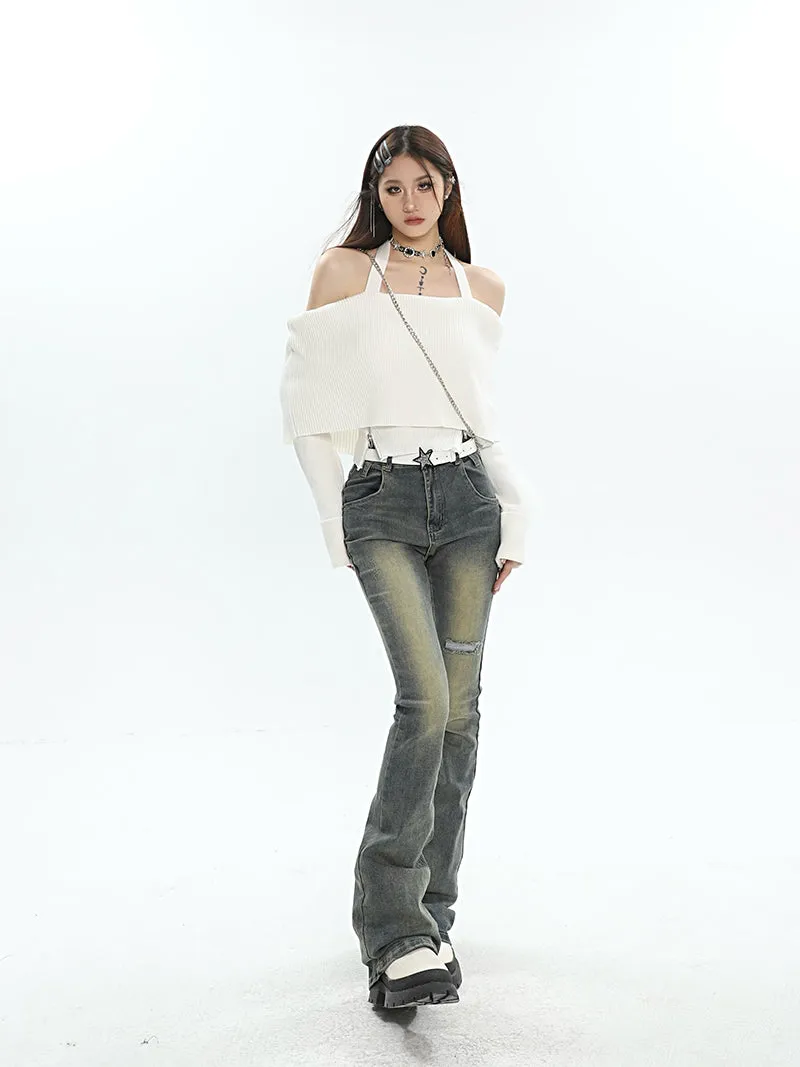 Dayami Washed Faded High Waist Flare Denim Jeans Pants