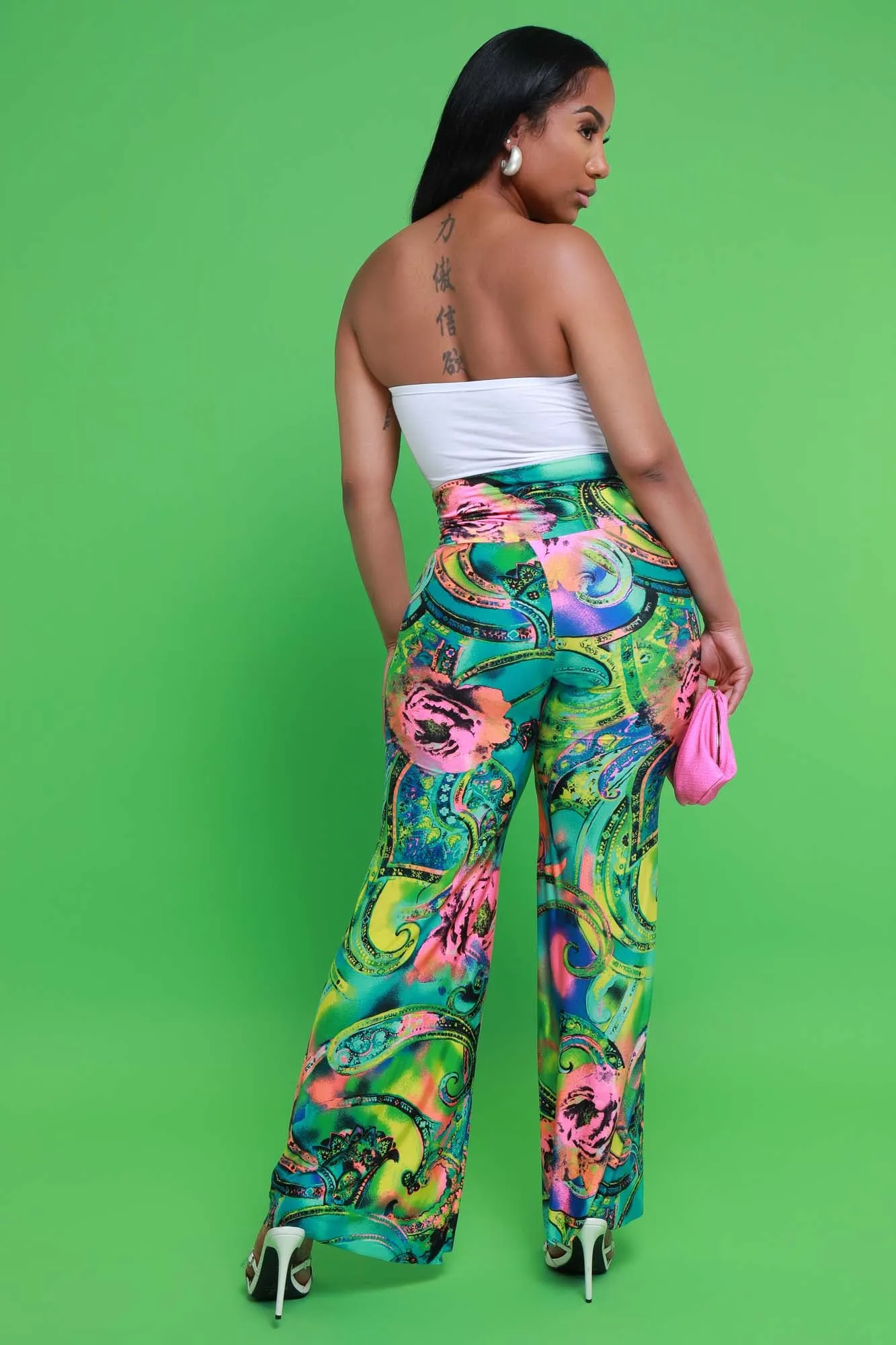 Daybreak High Waist BBL Print Palazzo Pants - Green Multicolor