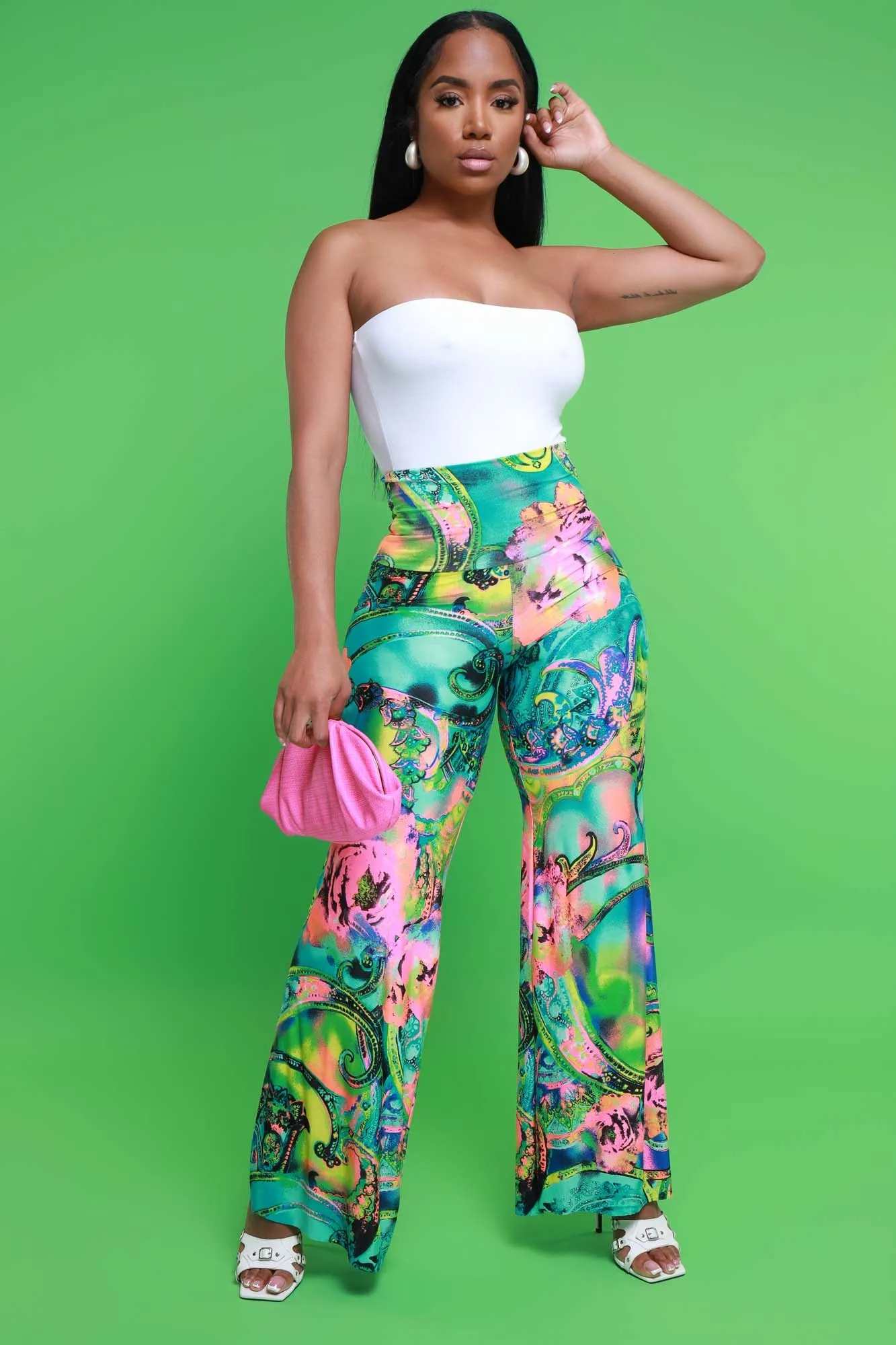 Daybreak High Waist BBL Print Palazzo Pants - Green Multicolor