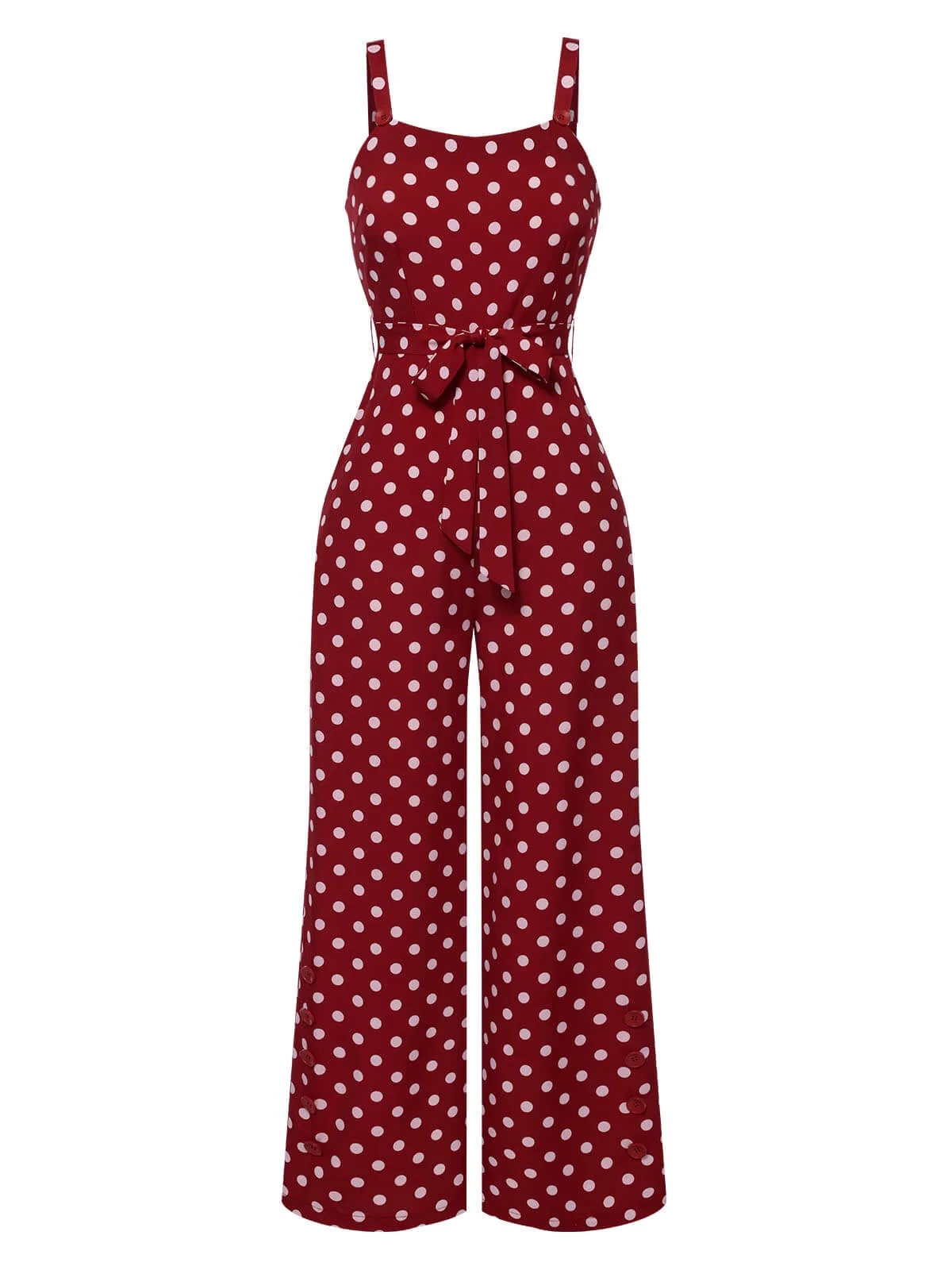 Deep Red 1940s Polka Dot Straps Jumpsuit