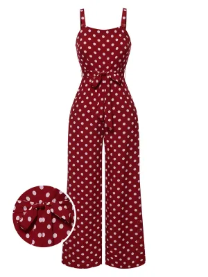 Deep Red 1940s Polka Dot Straps Jumpsuit