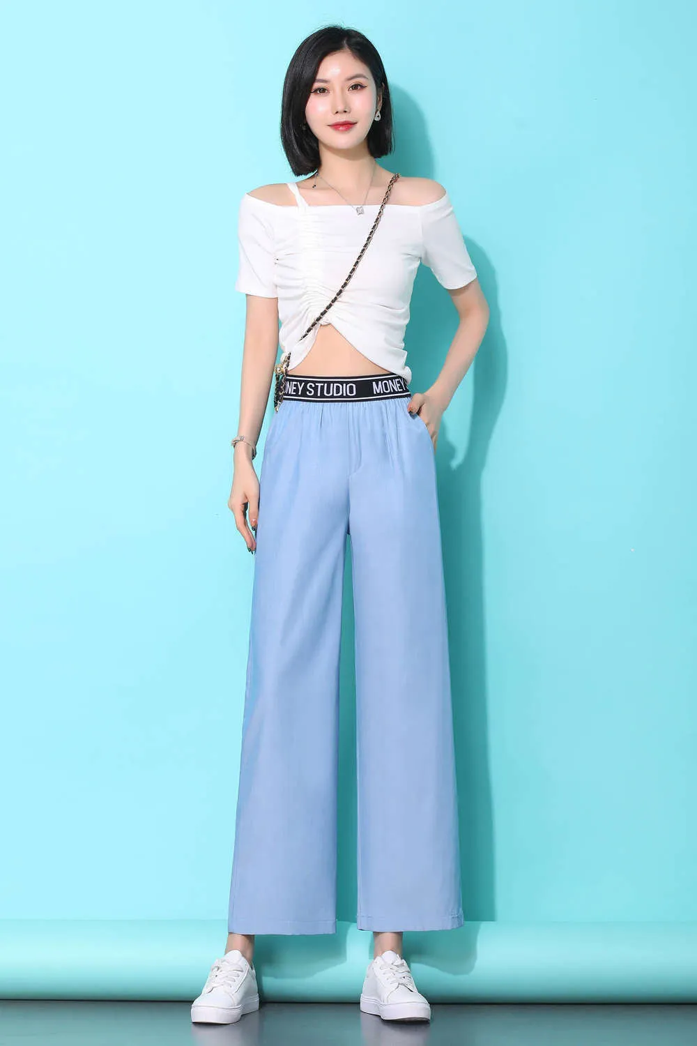 Denim Wide Leg Pants Women Summer Thin High Waist Drape Loose Slim Look Casual Floor Length Ice Silk Ankle-Length Pants