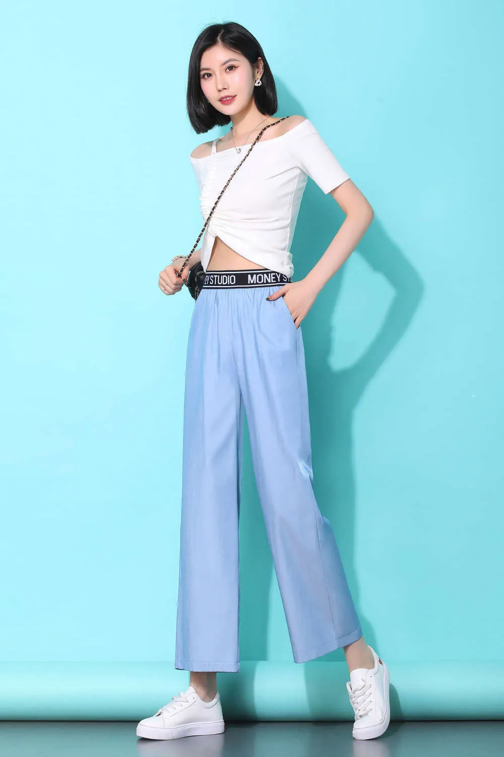 Denim Wide Leg Pants Women Summer Thin High Waist Drape Loose Slim Look Casual Floor Length Ice Silk Ankle-Length Pants