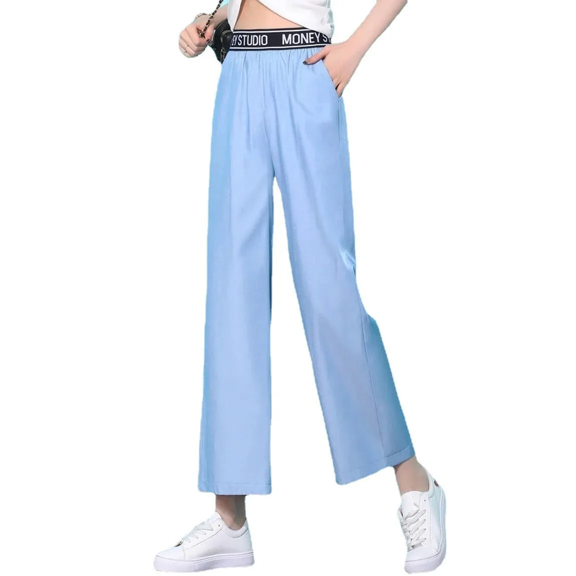 Denim Wide Leg Pants Women Summer Thin High Waist Drape Loose Slim Look Casual Floor Length Ice Silk Ankle-Length Pants