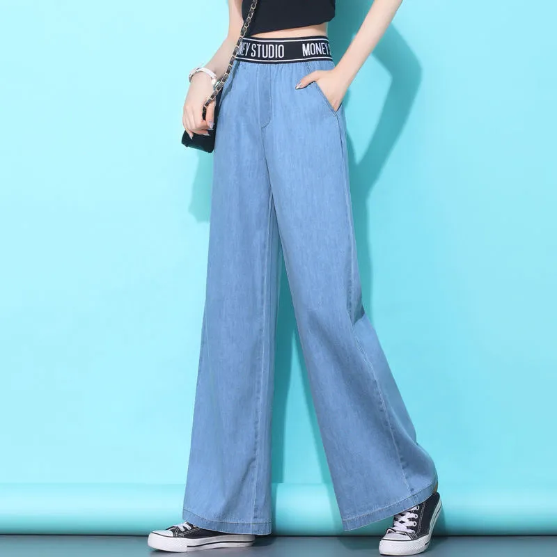 Denim Wide Leg Pants Women Summer Thin High Waist Drape Loose Slim Look Casual Floor Length Ice Silk Ankle-Length Pants