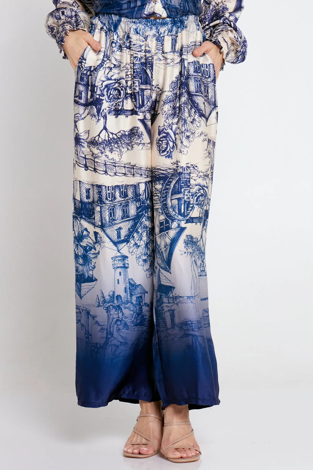 Dimitra Satin Pants - Navy/Cream