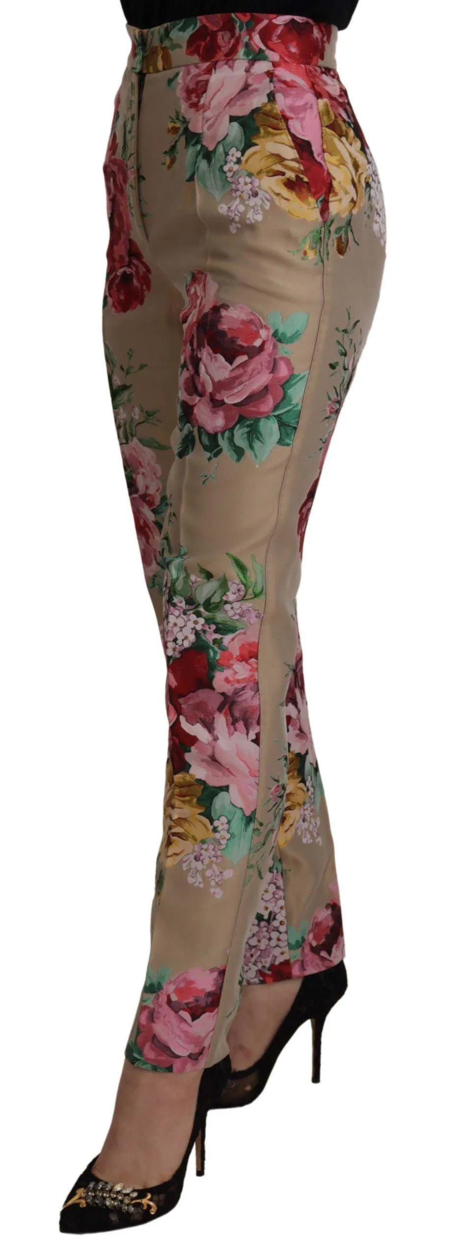 Dolce & Gabbana Beige Floral Dress Formal High Waist Pants