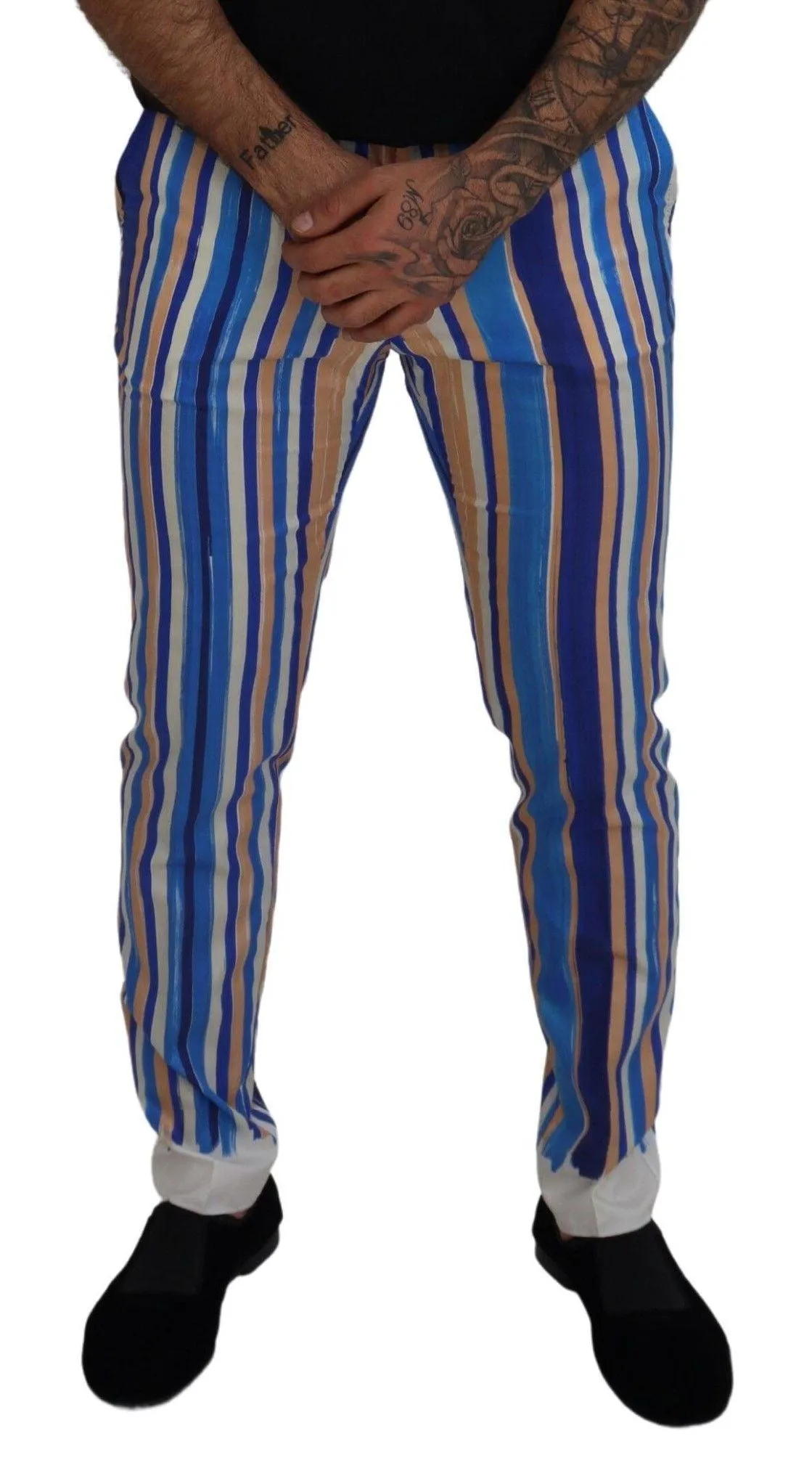 Dolce & Gabbana Blue Striped Silk Cotton Slim Trousers Pants