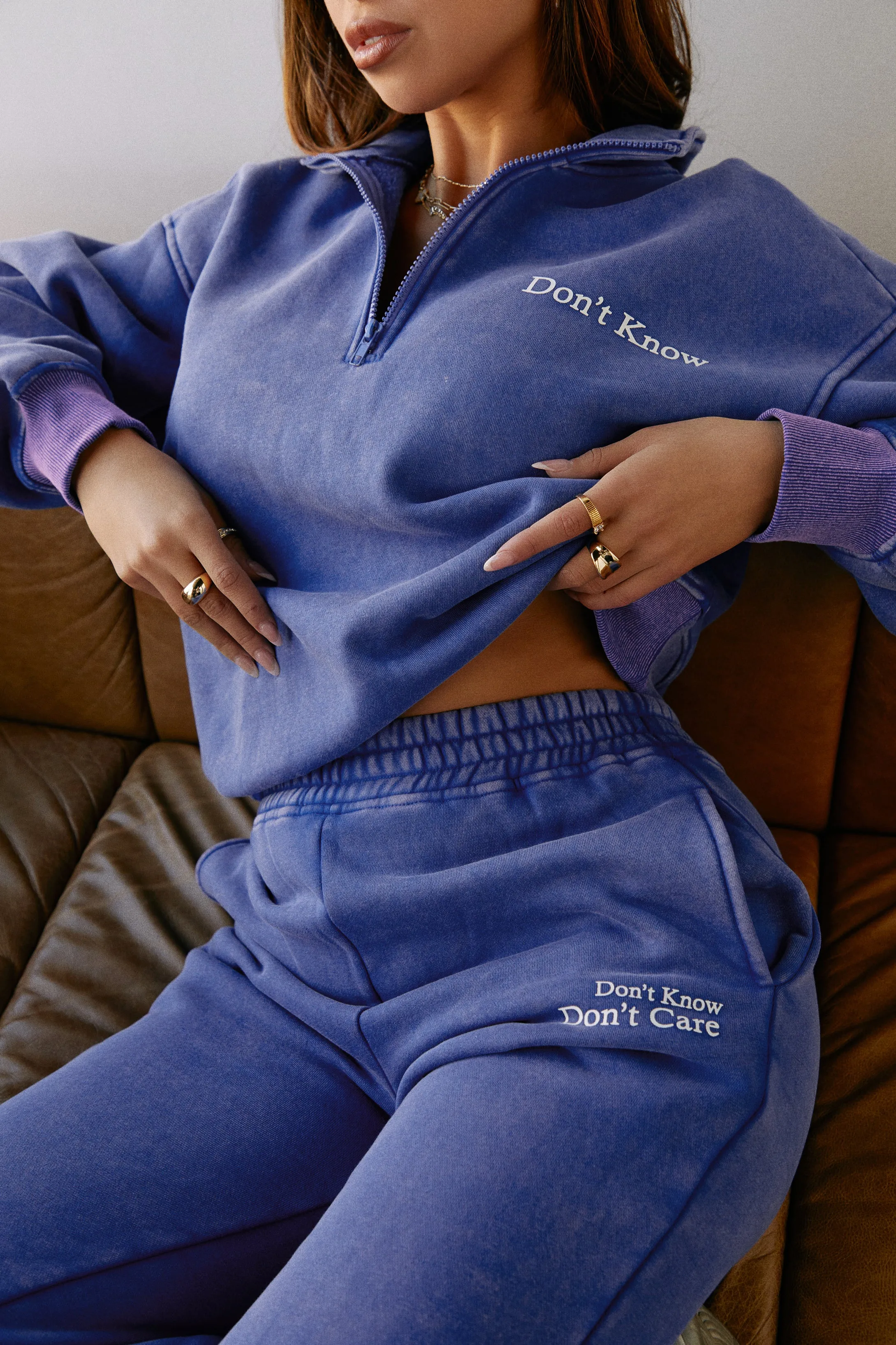 Don't Know Don't Care High Waist Wide Leg Sweat Pant - Blue