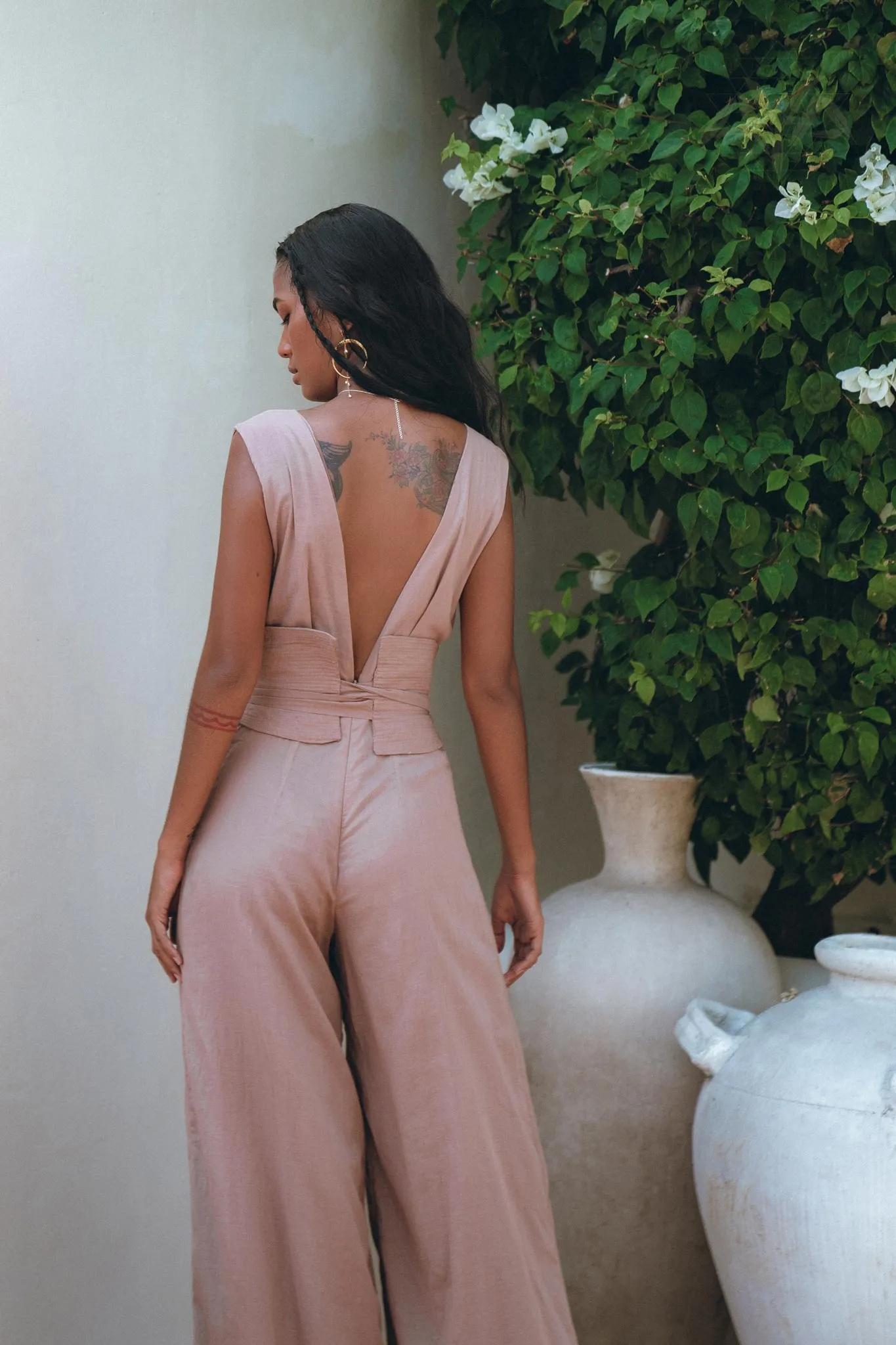 Dusty Pink Braided Overalls • Boho Silk with Cotton Maxi Jumpsuit Women