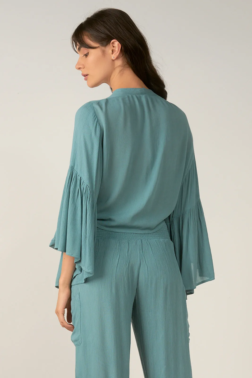 Elan Jade Green Wrap Tie Front Top