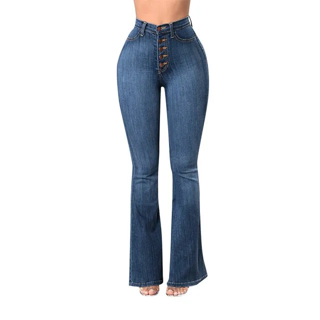 Elastic Plus Loose Denim Pocket Button High Waist Jeans