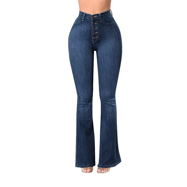 Elastic Plus Loose Denim Pocket Button High Waist Jeans