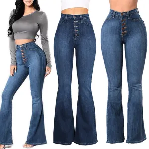 Elastic Plus Loose Denim Pocket Button High Waist Jeans