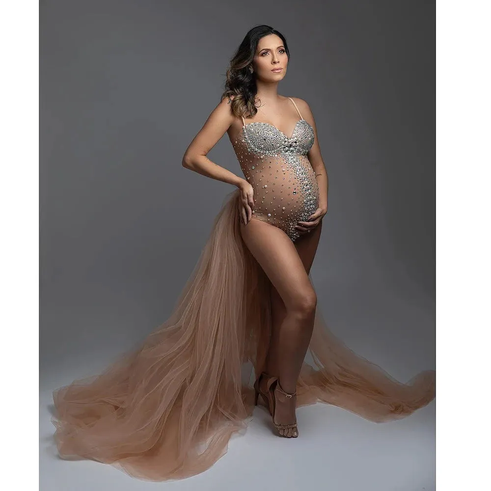 Elegant Maternity Jumpsuit with V Neck, Rhinestones, and Pearls - Perfect for Pregnancy Photo Shoots.