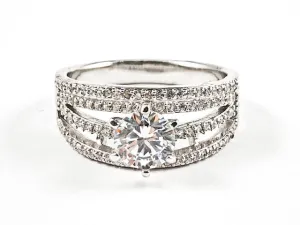 Elegant Multi Layer CZ Band With Center Round CZ Silver Ring