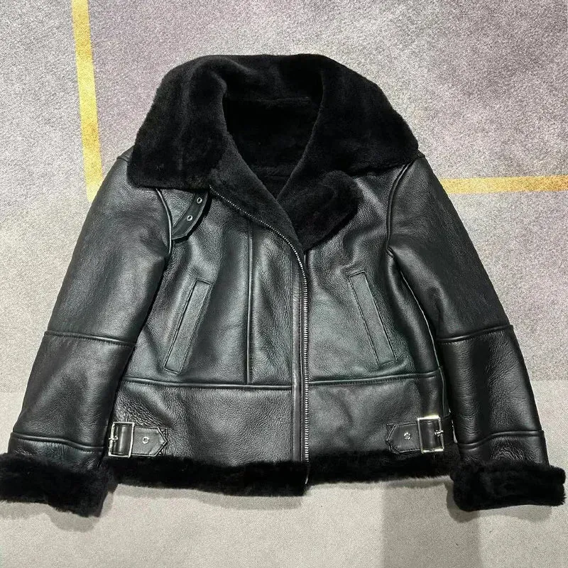 Fashion Shearling Genuine Leather Bomber Jacket for Women (3 colors)