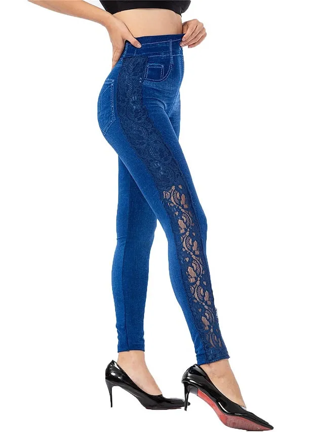 Female Casual Elasticity Ankle-Length Solid Color Print Simple Denim Pants