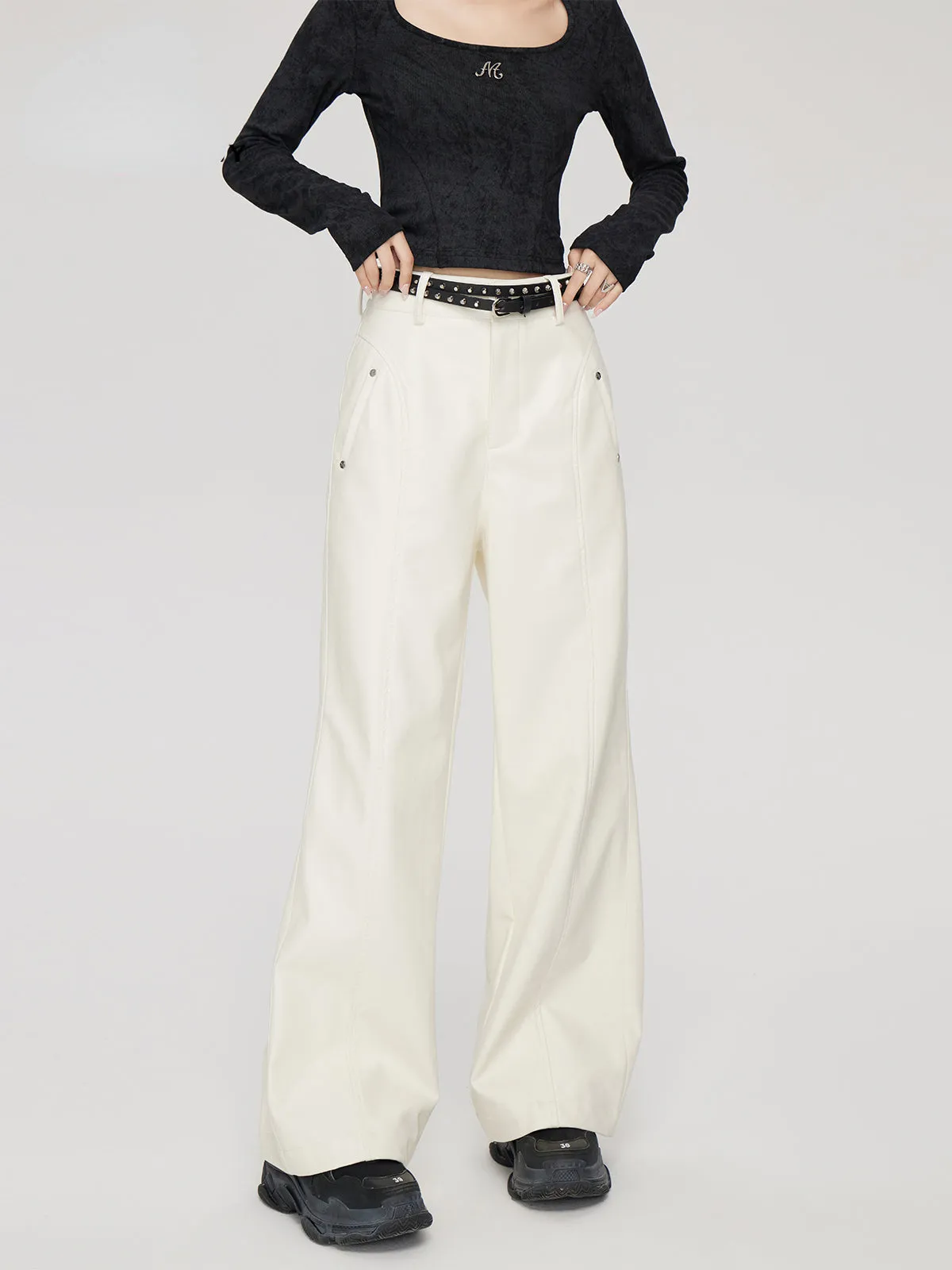 (Final Sale) High-waist Wide-leg Leather Pants