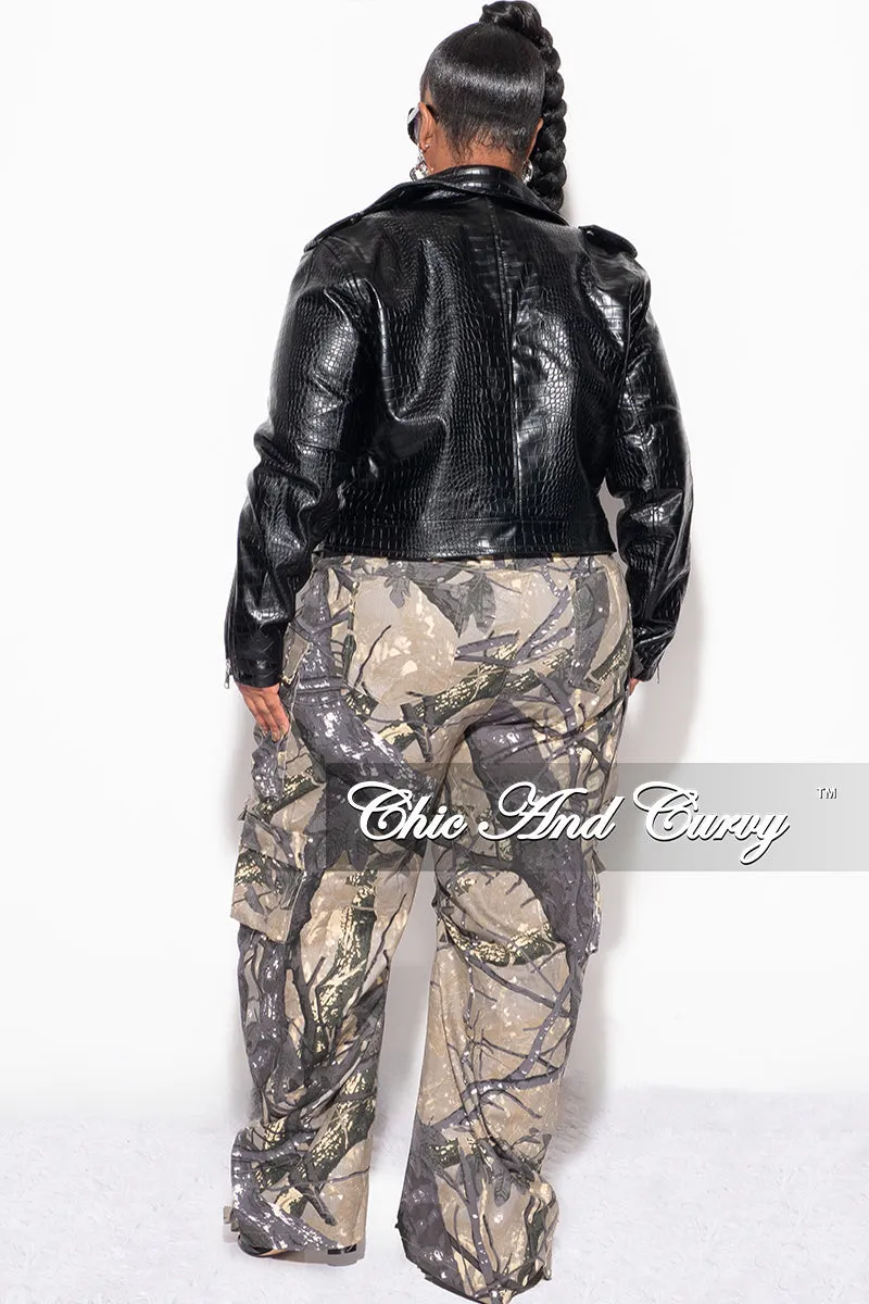 Final Sale Plus Size Heavy Crocodile Cropped & Belted Vegan Leather Jacket in Black