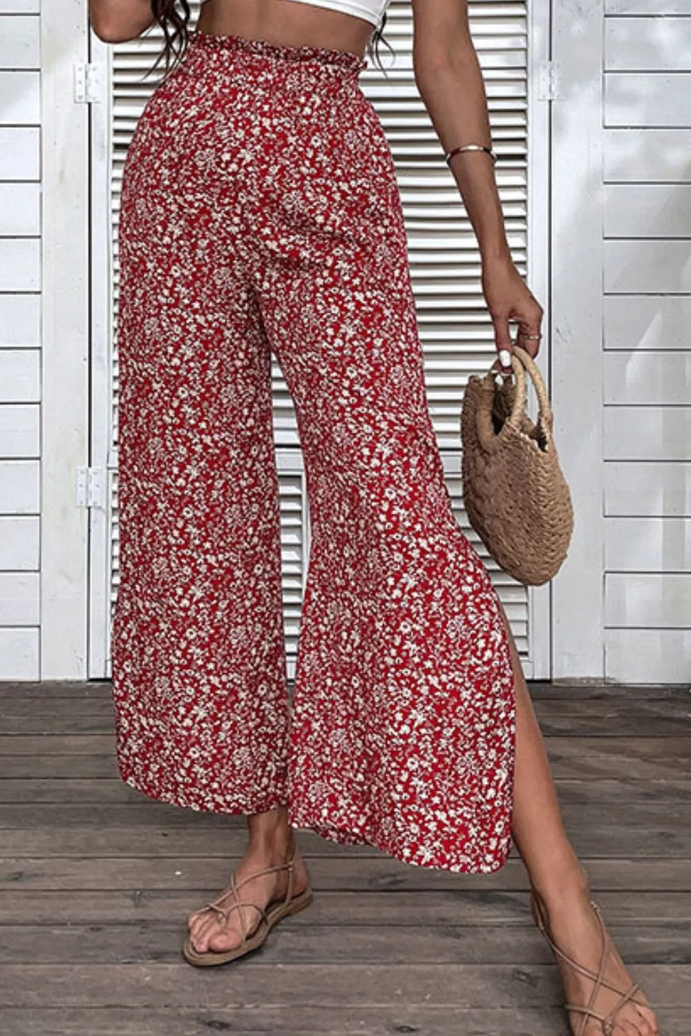 Floral Slit High Waist Wide Leg Pants