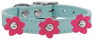 Flower Leather Collar Baby Blue With Pink Flowers Size 16