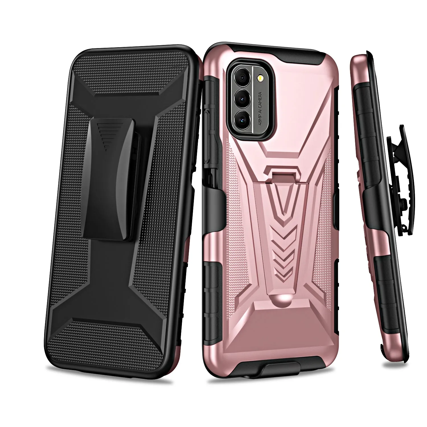 For Nokia G400 5G Case with Tempered Glass Screen Protector Heavy Duty Protective Phone Case,Built-in Kickstand Rugged Shockproof Protective Phone Case - Rose Gold