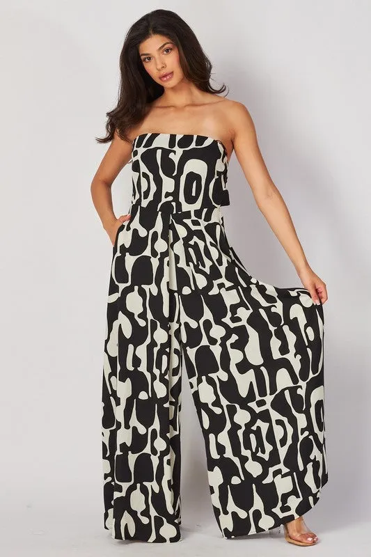 Francis Sleeveless Abstract Print Wide Leg Jumpsuit Black