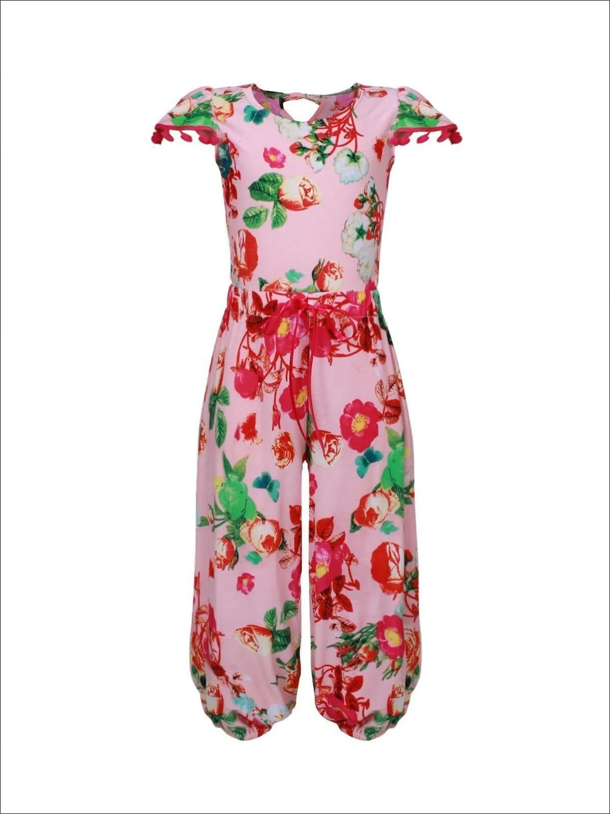 Girls Pink Floral Pom Pom Cap Sleeve Ribbon Bow Jumpsuit