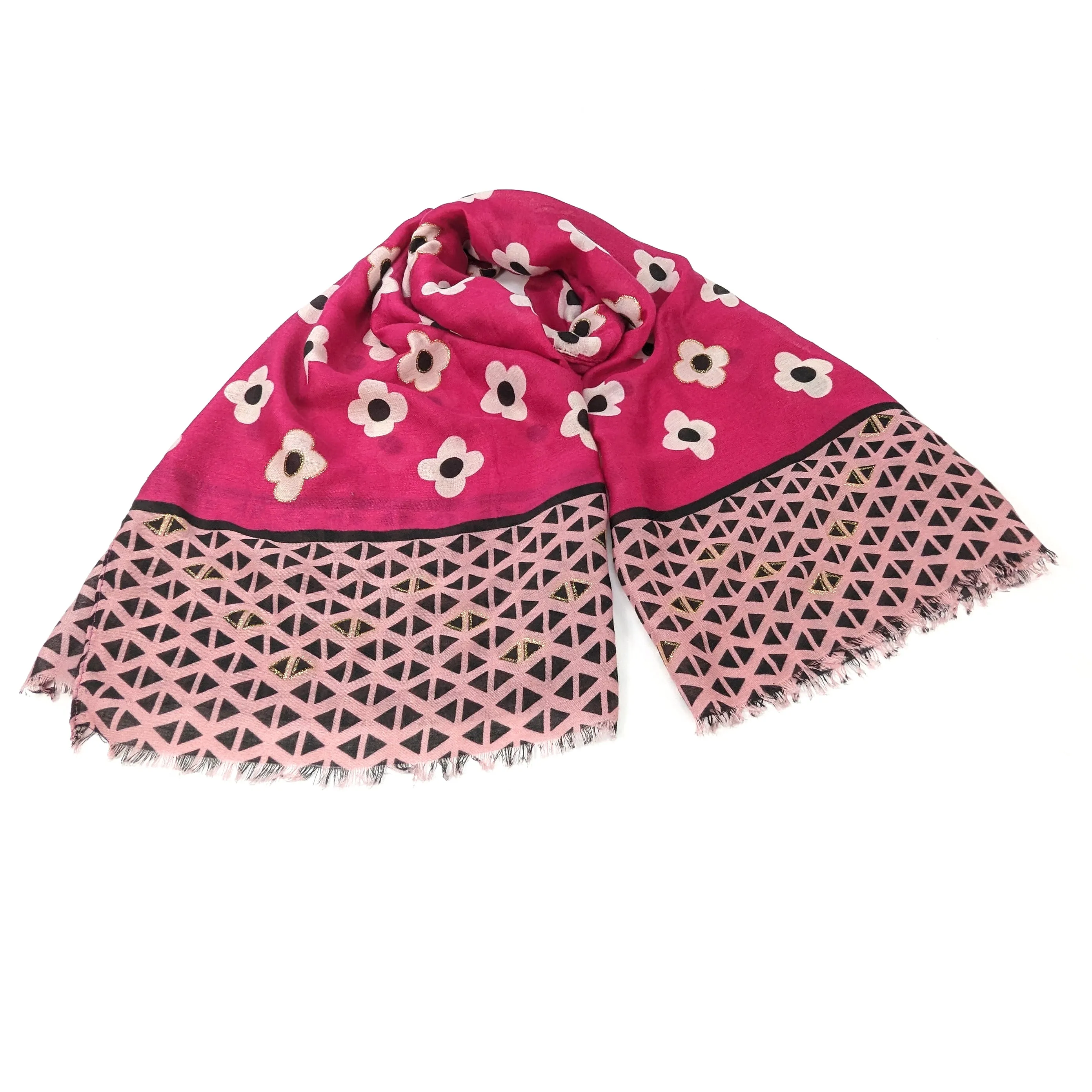 Gold Retro Flower Scarf - Magenta Pink (50x180cm)