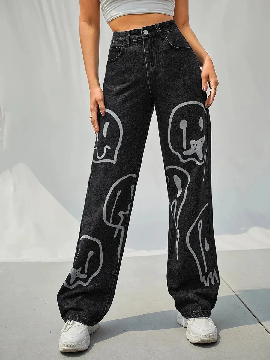 Gothic Ghost Cartoon Face Vintage Wash Baggy Pant