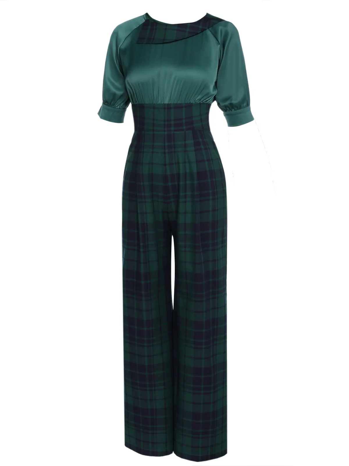 Green 1930s Plaid Patchwork Puff Jumpsuit