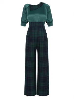 Green 1930s Plaid Patchwork Puff Jumpsuit