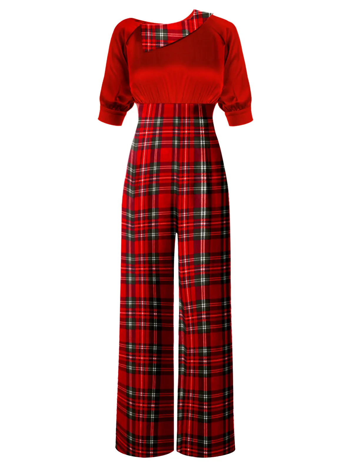 Green 1930s Plaid Patchwork Puff Jumpsuit