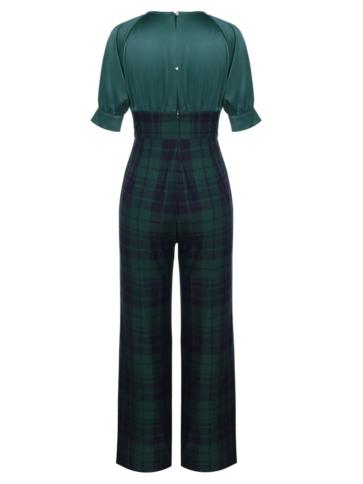 Green 1930s Plaid Patchwork Puff Jumpsuit