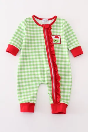 Green christmas grinch ruffle french knot girl romper