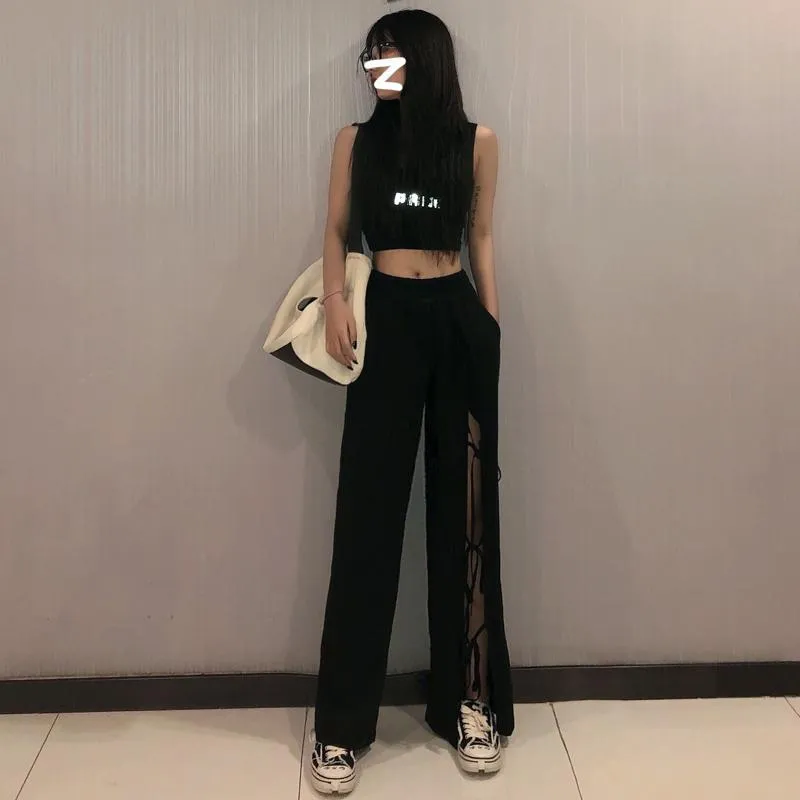 Grunge Black Oversized High Waist Slit Pants