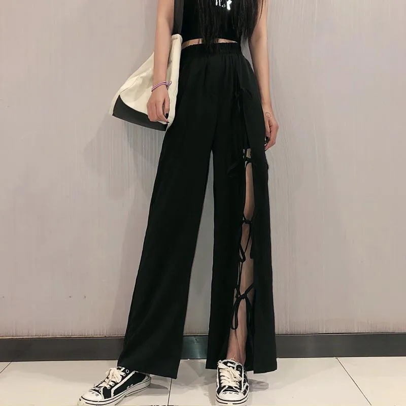 Grunge Black Oversized High Waist Slit Pants