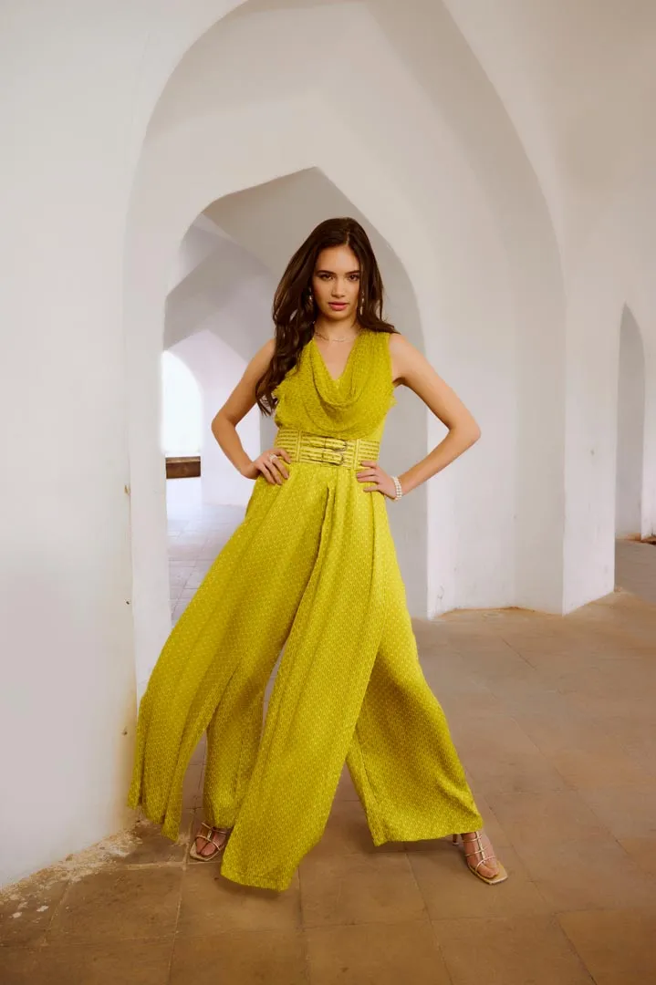 Gulbahar Lemon Green cowl jumpsuit with belt