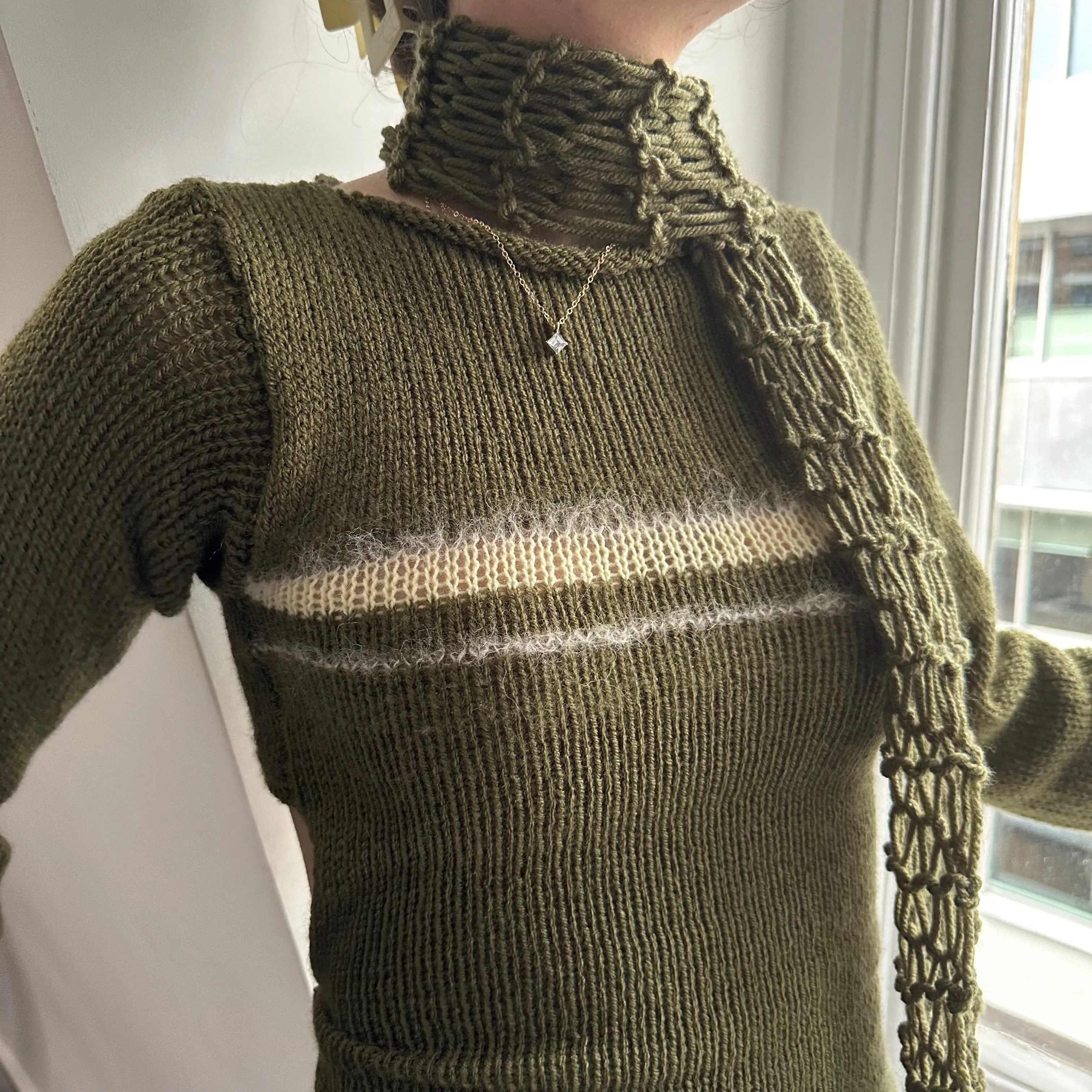 Handmade fishnet knitted scarf in khaki green