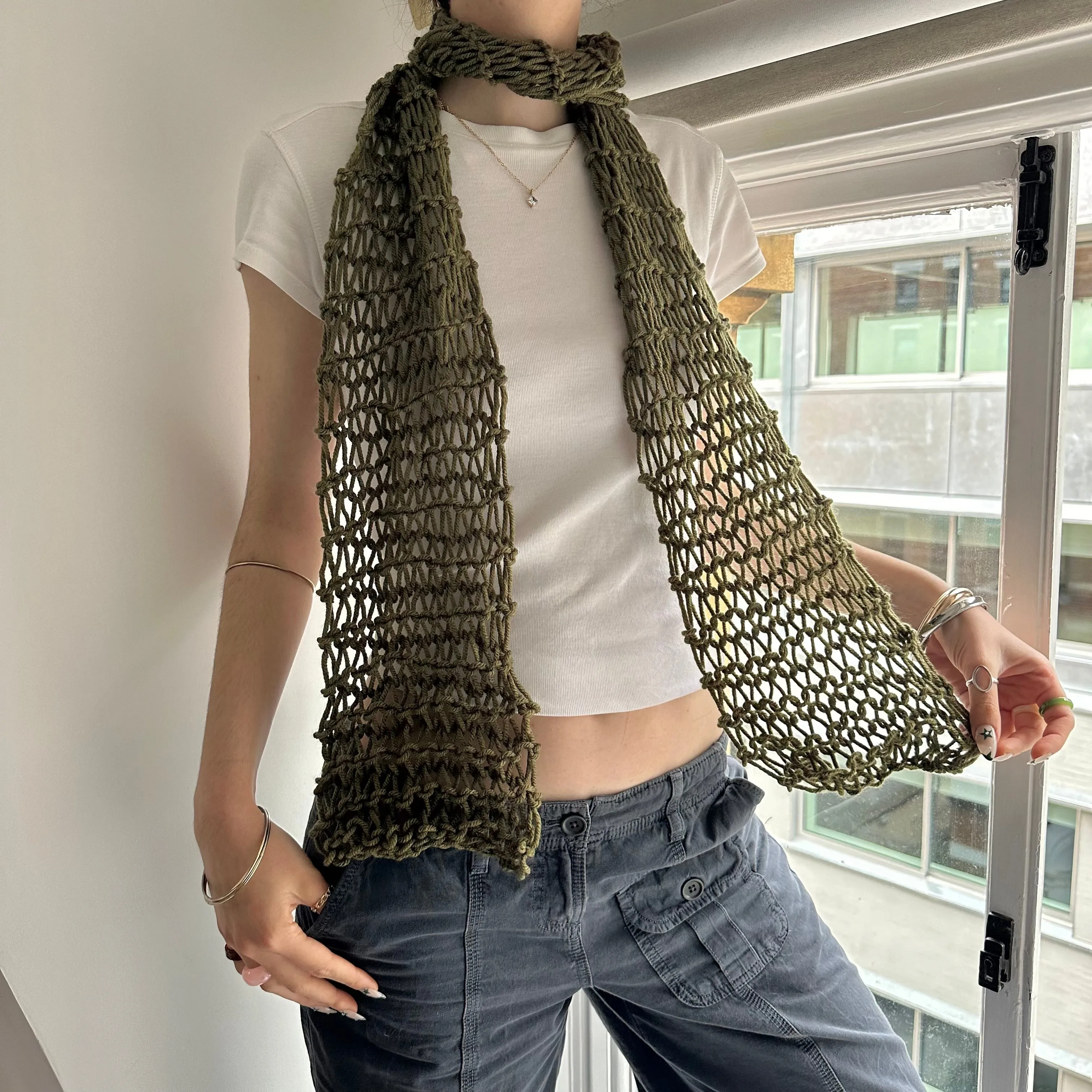 Handmade fishnet knitted scarf in khaki green