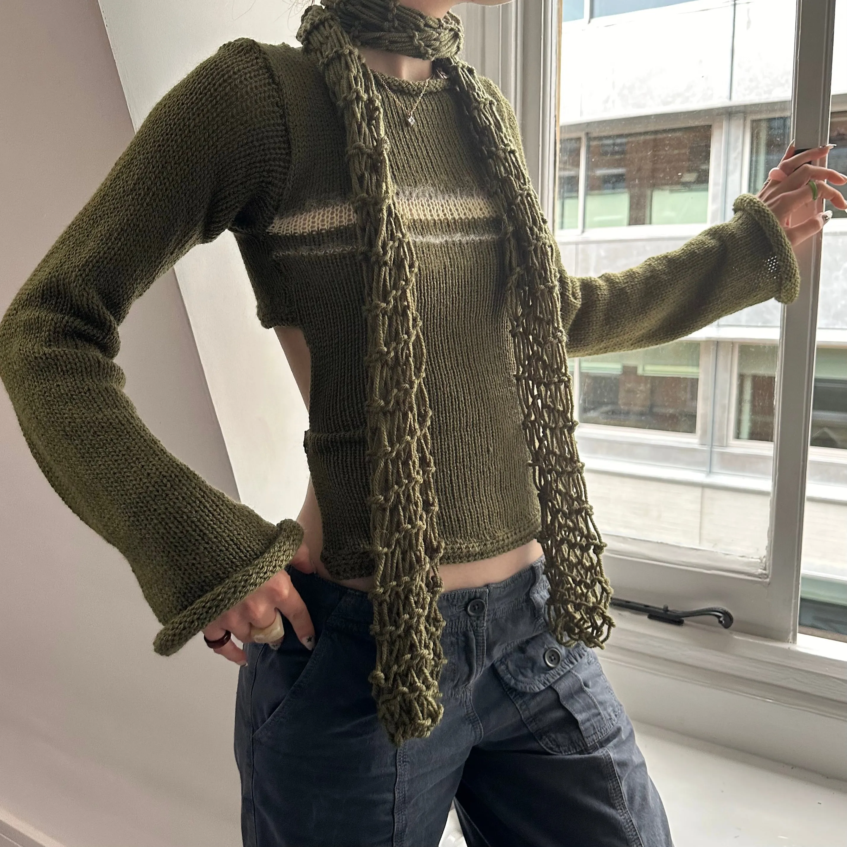 Handmade fishnet knitted scarf in khaki green