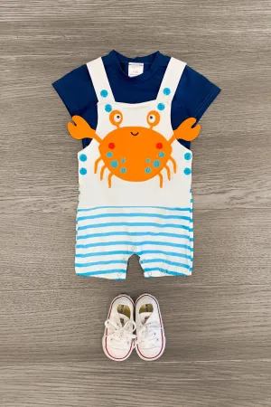 Happy Crab Striped Overall Romper Set